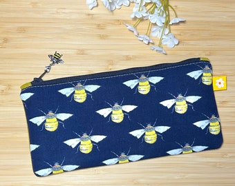 Bumble Bee themed navy blue padded, slim zipper pouch, pencil case, makeup brushes case, purse organizer, minimalist wallet, gift idea