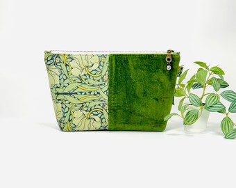 William Morris 'Pimpernel' print with velvet zipper pouch, special makeup travel bag, green regular size cosmetic bag, unique gift for her