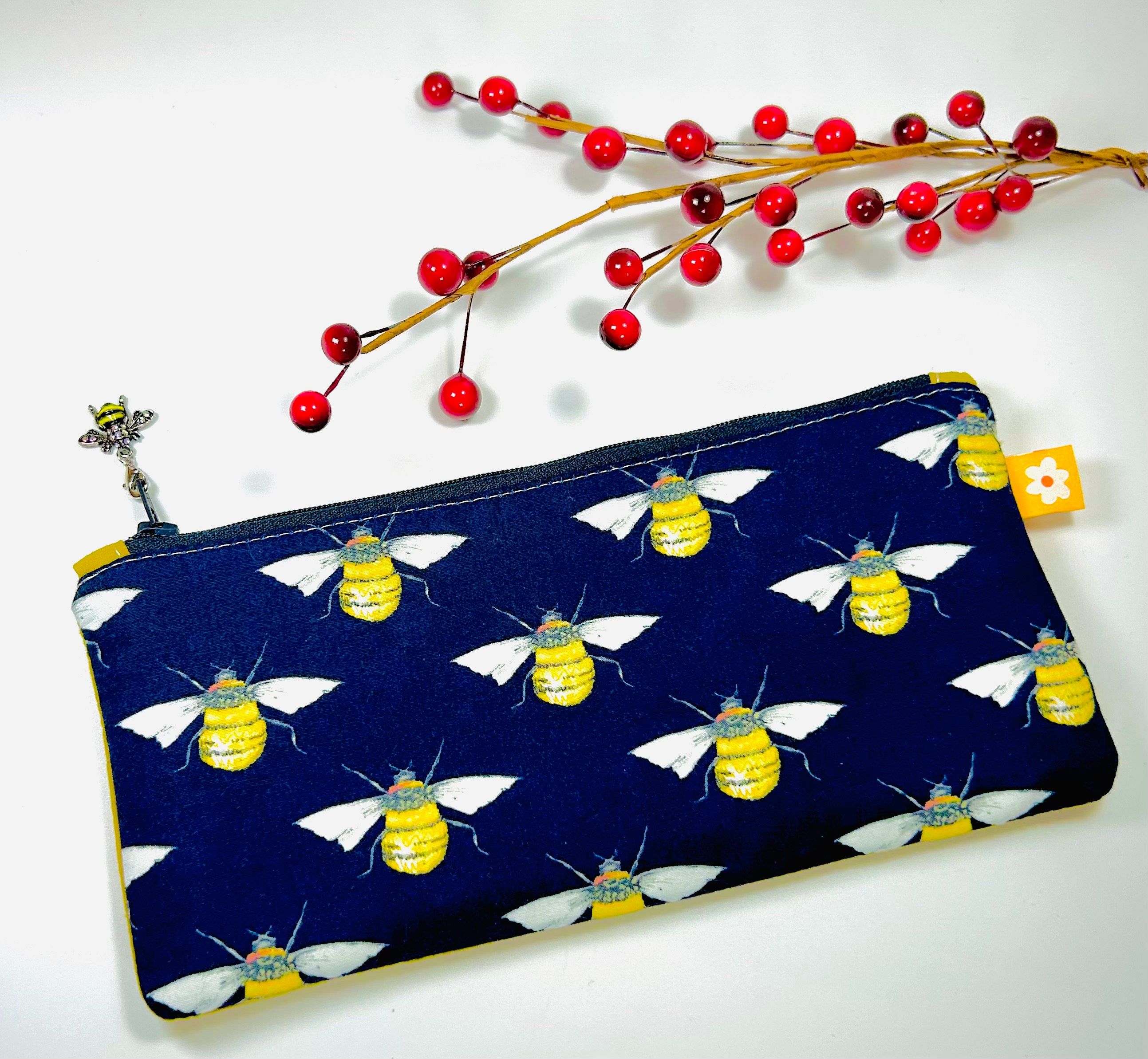 Bumble Bee Pencil Case, Bee Sunglass Pouch, Borage and Bees Cotton Pouch,  Handmade Pencil Case , Bohemian Boho Style Purse, Hippy Art Pouch 
