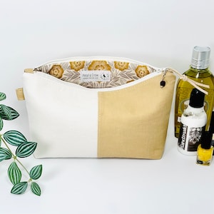 Trousse da trucco con cerniera in lino giallo pallido e avorio, pochette da viaggio in lino giallo pastello e bianco, beauty case completamente foderato, regalo per la festa nuziale