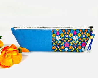 Liberty of London retro floral slim line zipper pouch, blue and floral linen pencil case, travel pouch, gift for teacher, small makeup pouch