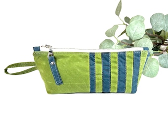 Green and navy UNISEX waxed canvas zipper pouch, hangable travel bag, small toiletries bag, catch-all pouch, water resistant, ready to ship