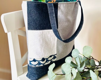 Market Tote Bag in denim, grey and white colour-block canvas, floral lined shoulder tote bag, one of a kind linen canvas travel tote