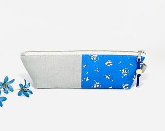 Liberty of London blue "Field Rose" floral, slim-line zipper pouch, vivid blue Liberty cotton and linen makeup bag, women's travel pouch