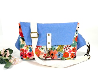 Floral Rifle Paper belt bag, 'Haralson' Belt Bag, blue and pink floral sling bag, women's linen canvas crossbody bag, adjustable fanny pack