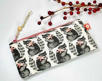 Cute Racoon themed padded zippered pouch, slim line pencil case, minimalist wallet, makeup brush case, travel pouch, purse organizer