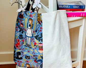 Alice in Wonderland market tote bag, blue and ivory Rifle Paper "Alice" cotton and linen canvas shoulder market tote, whimsical tote