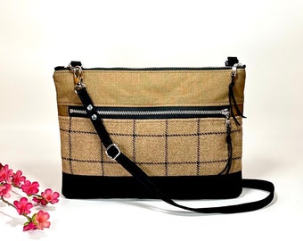 Tan and black water-resistant linen and windowpane wool tweed Crossbody Bag, women's tan shoulder bag, adjustable handsfree travel bag