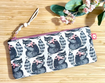 Cute Racoon themed padded zippered pouch, slim line pencil case, minimalist wallet, makeup brush case, travel pouch, purse organizer