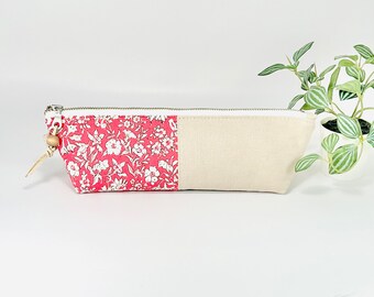 Liberty of London pink floral slim line zipper pouch, floral makeup bag, brushes case, pink Liberty travel pouch, pretty floral pencil case