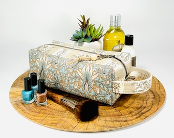 William Morris print large boxy toiletry bag, aqua and beige William Morris 'snakehead' design box toiletry bag, zippered boxy travel bag