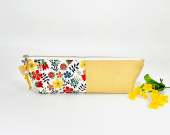 Liberty of London 'Edenham' floral zipper pouch, yellow floral slim line makeup bag, linen travel pouch, floral pencil, makeup brushes case