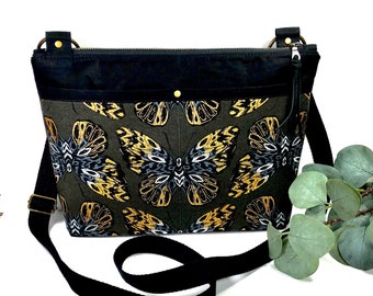 Golden butterflies cotton canvas and black dry oilskin canvas Cross Body bag, crossbody purse, shoulder bag, handsfree bag, Fall travel bag