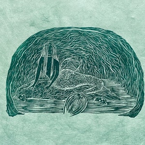 The siren calling, on pale green / 9 x 12 linocut print / mythology art