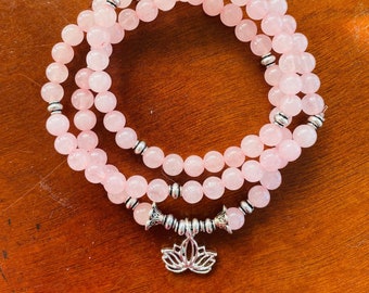 Rose Quartz Mala Necklace  / Lotus Jewelry / Meditation Mala