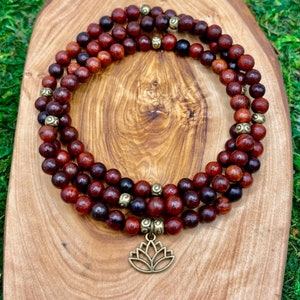 Red Sandalwood 108 Bead Mala with Lotus Charm / Buddhist Jewelry / Mala Beads / Lotus Jewelry