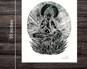 May include: Black and white linocut print of a seated figure with a halo, lotus flowers, and a crown. The artwork is 10 inches tall and 8 inches wide. The artist's signature is in the lower right corner. The print is on white paper.