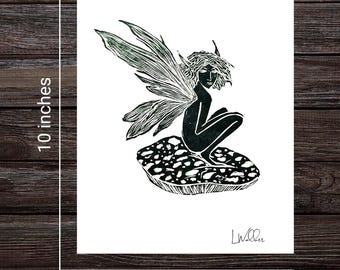 Linocut Art Print | Surly Pixie on Mushroom Cottagecore Fairy Wall Art Whimsical Fantasy Print 8x10