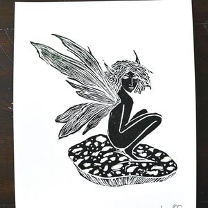 Pixie on mushroom - 8 x 10 print of original linocut print artwork
