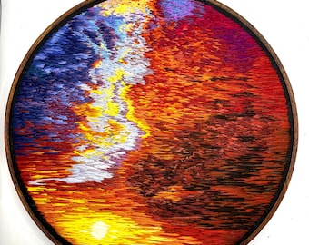 Embroidery Hoop Art Wall Decor | Sunset Sky Handmade Colorful Landscape Fiber Art Wall Hanging, Gift for Her