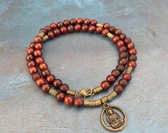 Burgundy Sandalwood Bead Necklace with Brass Buddhist Charm / Buddhist Jewelry