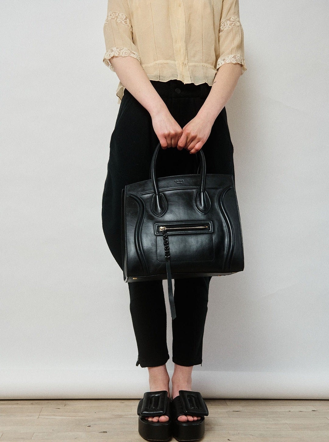 CELINE Black Leather Nano Luggage Shoulder Bag