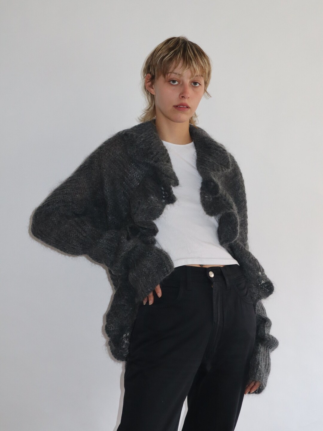 Gray Mohair Costume National Ruffle Cardigan Etsy