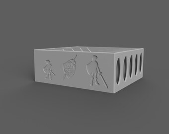 May include: Gray plastic box with a design of a video game character, a sword, and a shield. The box has four round holes on the side.