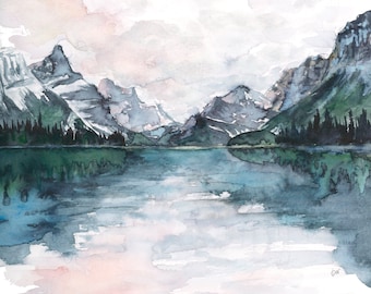 May include: Watercolor painting of a mountain lake scene with a reflection of the mountains in the water. The sky is a soft pink and gray.
