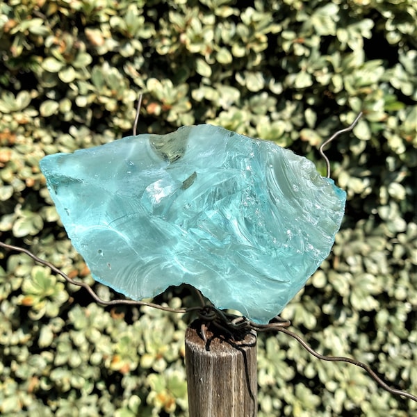 Beautiful, Big, Aqua Blue-Green Slag Glass Chunk no visible bubbles. Pictures were taken while glass was wet