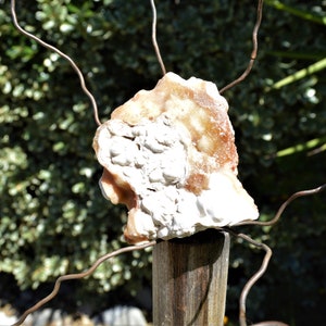 May include: A unique sculpture featuring a natural stone with a textured, off-white and brown surface, mounted on a wooden post. Thin, twisted metal wires extend from the stone, creating an artistic display against a blurred green background.
