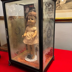 Puede incluir: Una muñeca de estilo vintage con cabello castaño claro y vestido rosa pálido, exhibida dentro de una vitrina negra alta. El cristal tiene grabado el texto Auntie Abigail's Dolls & Spirits y un dije de planchette en el pomo de la puerta.