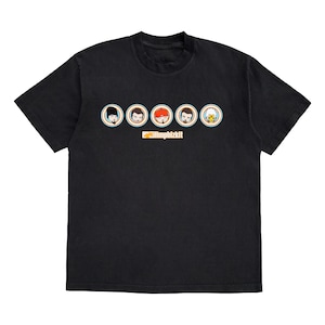 May include: Black t-shirt with a graphic of five cartoon portraits in circular frames. The portraits are in various colours and styles. The text "limpbizkit" is printed below the portraits in a yellow and black font.