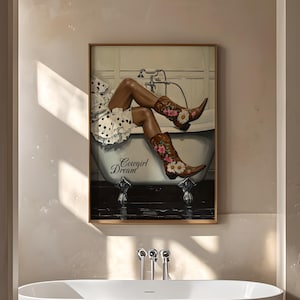 Coastal Cowgirl Bathroom Art Print - Western Girl with Cowboy Boots in Bathtub - Vintage Mid-Century Style Wall Art