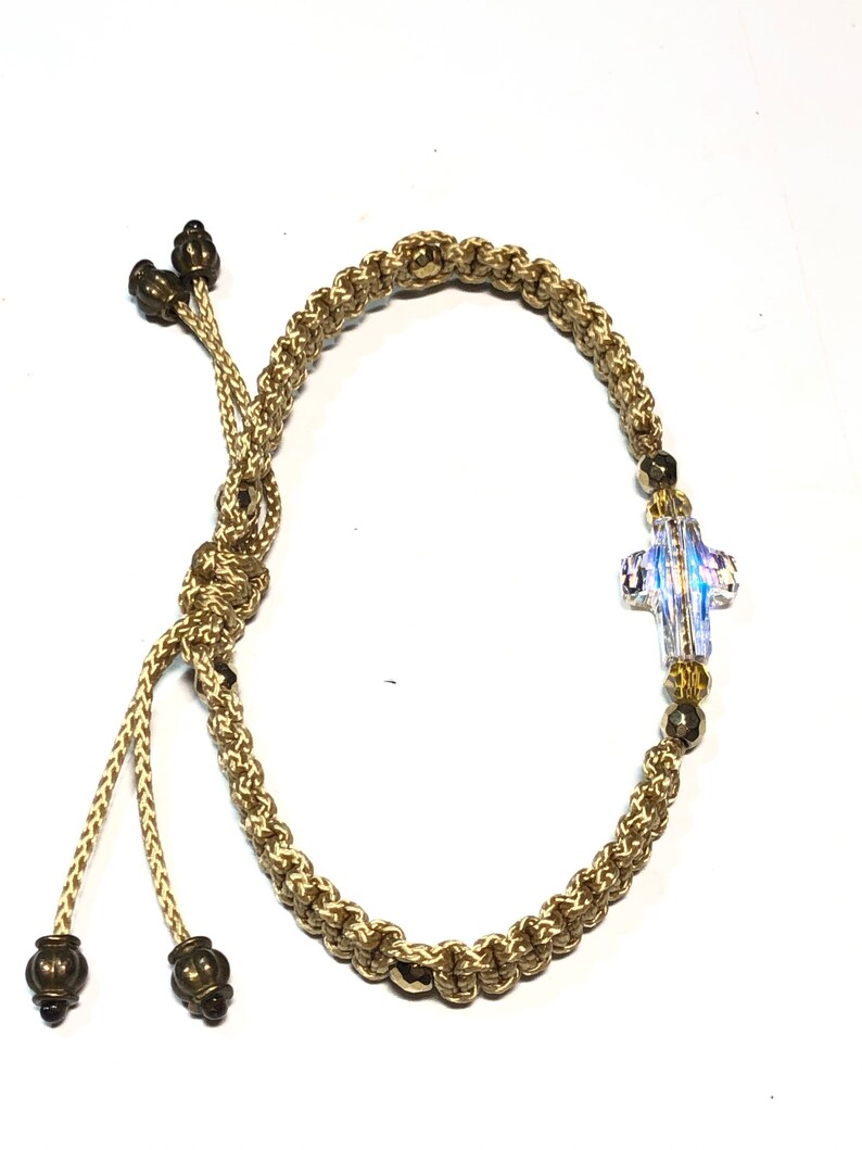 Sw or hematite crystal adjustable cross bracelet or anklet strung on nano cord w glass stainless steel