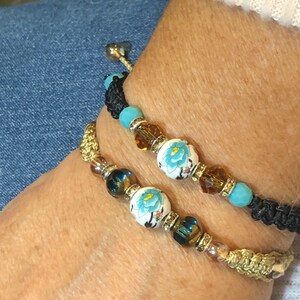 Braided optional:  “Cookie” Sweet turquoise colored stone w ceramic flower, glass, and crystal beads-adjustable friendship bracelet/anklet.