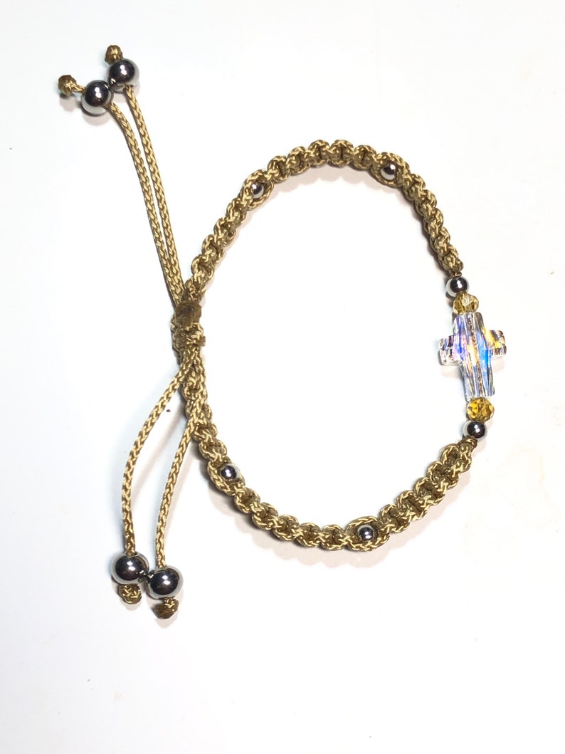 Sw or hematite crystal adjustable cross bracelet or anklet strung on nano cord w glass stainless steel