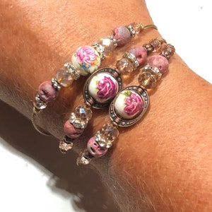 Romantic Rose Ceramic Bead Bracelet or Anklet: Druzy Quartz & Crystal