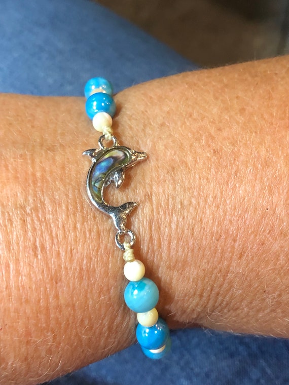 Beautiful Dolphin/ Porpus Inlaid Abalone Shell on Silver Tone Metal on Nano  Cord Plus Size/large Bracelet or Small Anklet With Shell Beads 