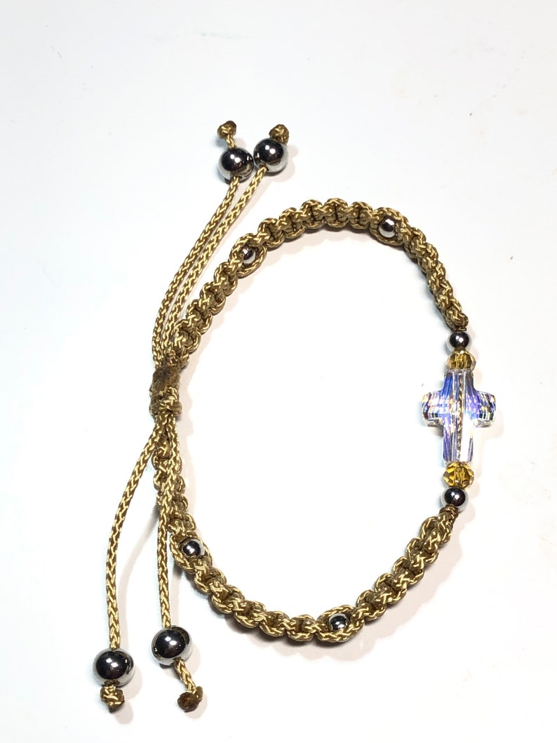 Sw or hematite crystal adjustable cross bracelet or anklet strung on nano cord w glass stainless steel