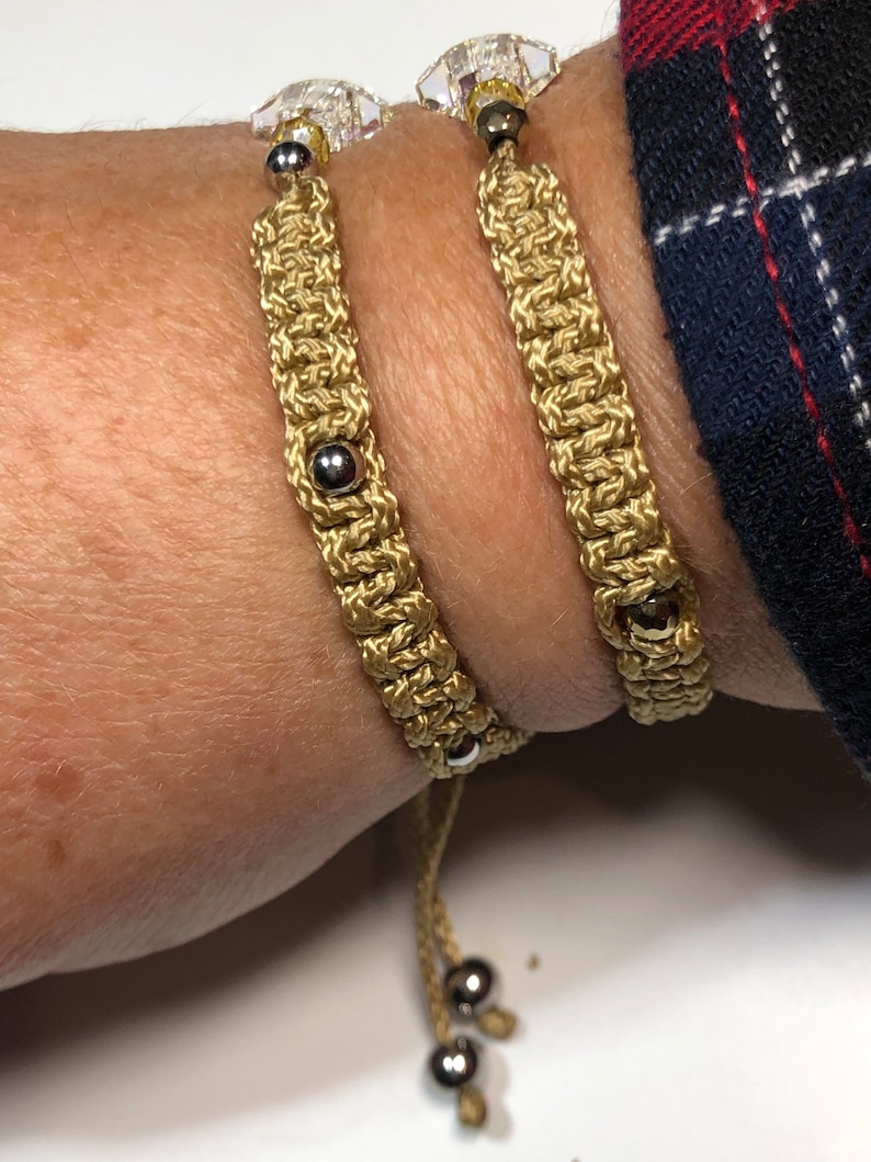 Sw or hematite crystal adjustable cross bracelet or anklet strung on nano cord w glass stainless steel