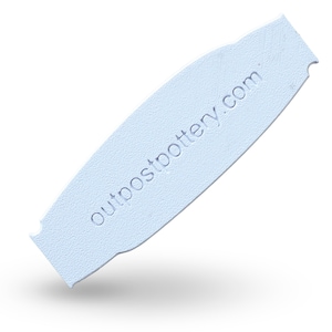 May include: A light blue leather tag with the text "outpostpottery.com" embossed on it.