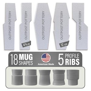 May include: 18 ceramic mug shapes and 5 profile rib templates for pottery. The templates are made in the USA and are 4 3/4 inches and 12 centimeters in length.