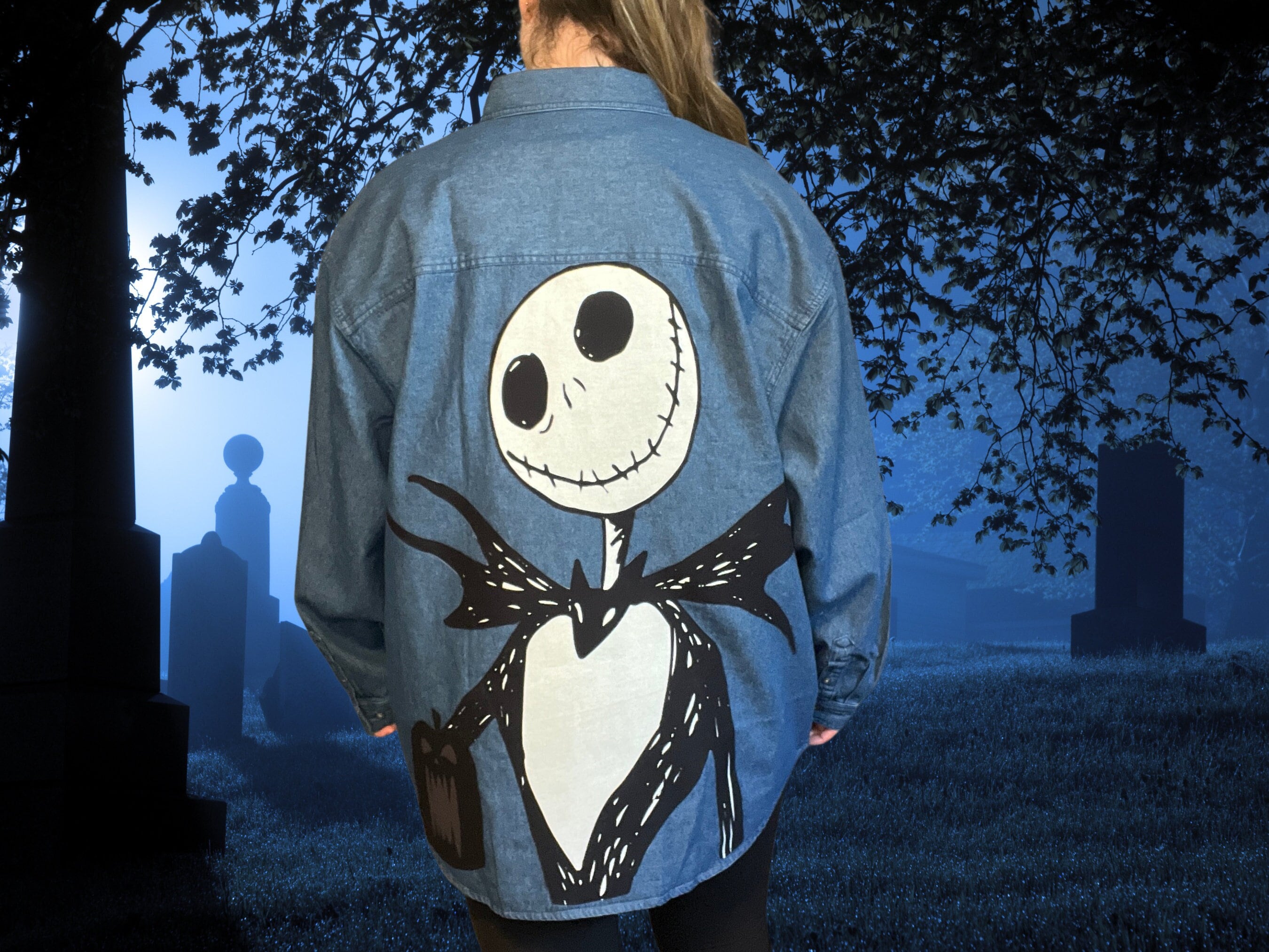 Jack Nightmare Christmas Vintage Patchwork Denim Shirt Oversized One of A Kind Skellington Jean Shirt Halloween Spooky Season Shirt Etsy