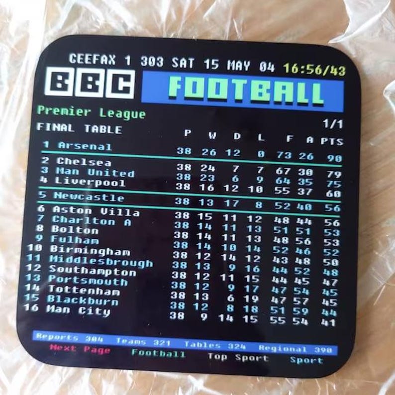 May include: A black square coaster featuring a Premier League final table from May 15, 2004, with team standings and scores. The BBC and CEEFAX logos are visible, along with the word "FOOTBALL".