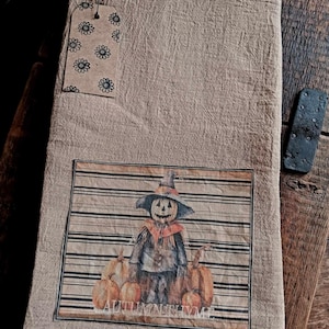 Primitive Farmhouse Fall Scarecrow Flour Sack Towel, Autumn, Halloween, Pumpkins