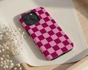 Checkered Plaid Phone Case • Pink Burgundy Retro Indie Style For iPhone, S26, Pixel