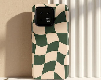 Sage Green Warped Checkered Phone Case For Xiaomi, Redmi Note 14, 13, 12, 11