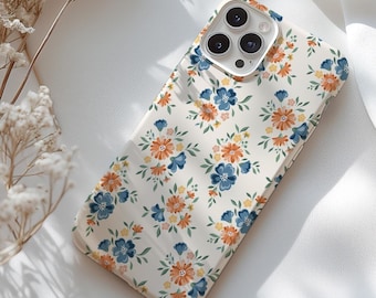 Floral Blue & Orange Phone Case • Botanical Design for iPhone 17, S26, Pixel 10