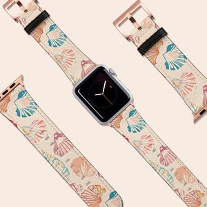 Vintage Seashells Pastel Summer Watch Band, Fits Apple Watch, 41mm 40mm 38mm 42mm 44mm,Vegan Leather Strap, Smartwatch Band Rose Gold, Gift